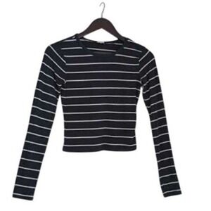 GARAGE Striped Distressed Ribbed Knit Crop‎ Top Navy White XS
